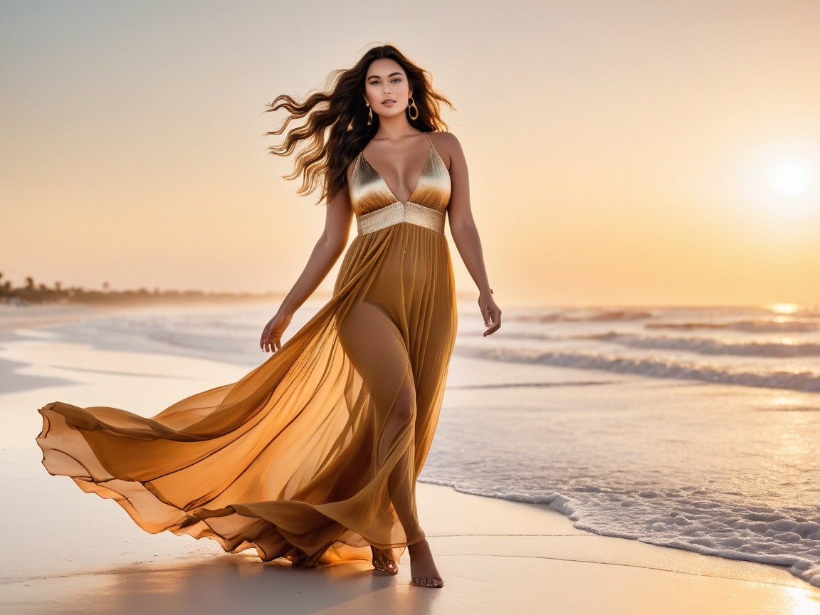 Woman in Golden Dress at Sunset by the Shoreline