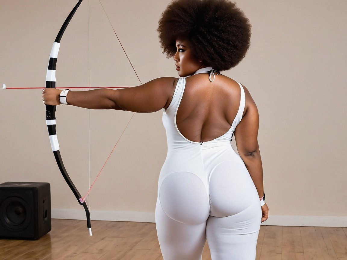 Confident Archer in Athletic Pose with Bow and Afro