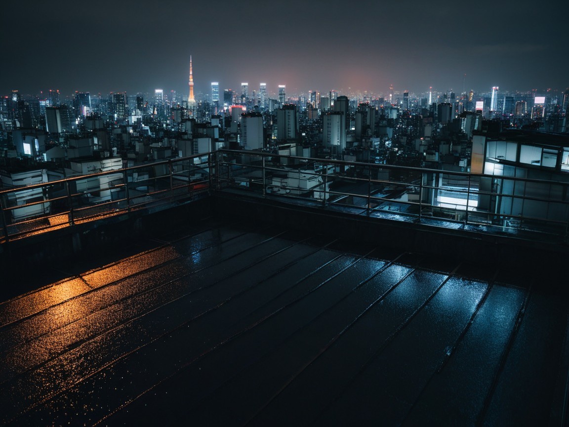 Nighttime Cityscape with Tokyo Tower and Raindrops