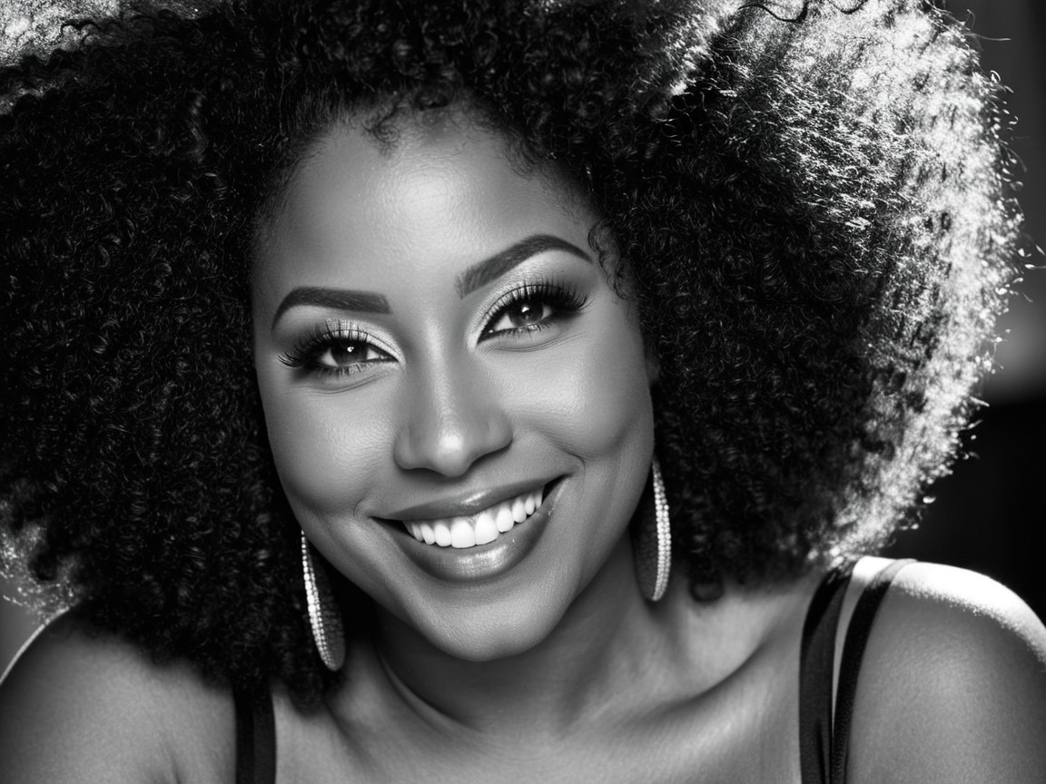 Black-and-white portrait of a smiling woman with curls