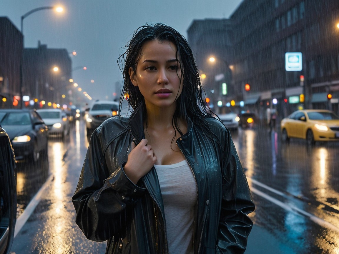Contemplative Woman in Rainy Urban Scene