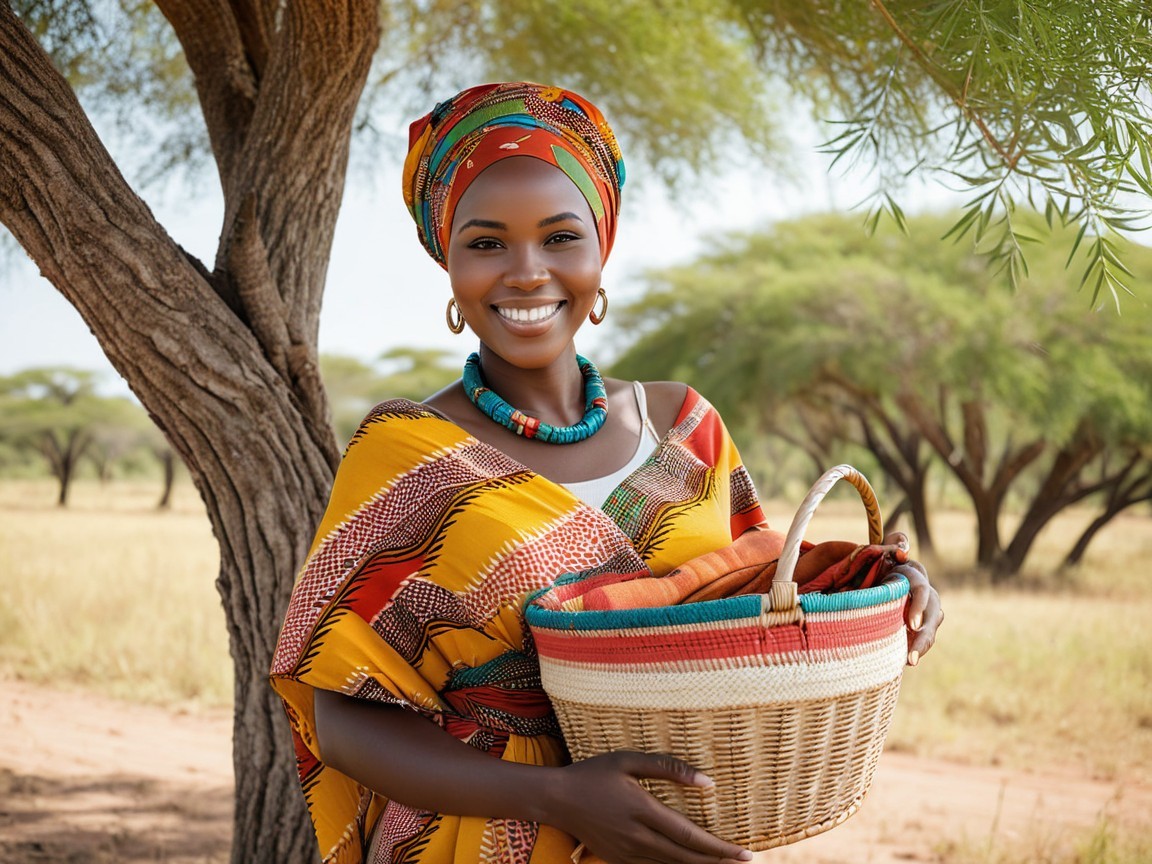 Joyful woman in vibrant dress with woven basket outdoors