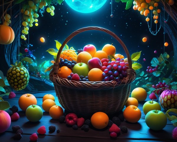 Moonlit Scene with Woven Basket of Assorted Fruits