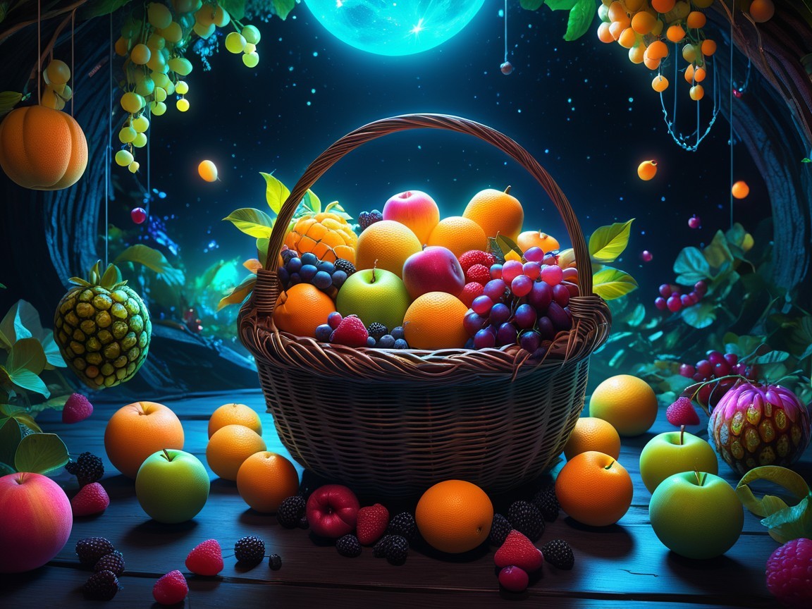 Moonlit Scene with Woven Basket of Assorted Fruits
