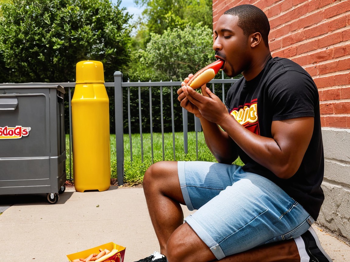 Man Enjoying Hot Dog by Yellow Condiment Station