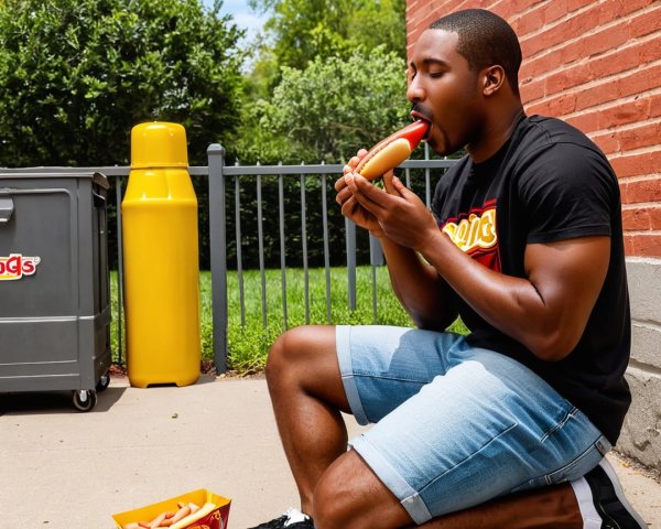 Man Enjoying Hot Dog by Yellow Condiment Station