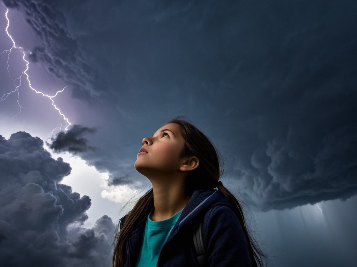 Young Girl Observes Dramatic Stormy Sky and Lightning