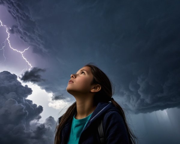 Young Girl Observes Dramatic Stormy Sky and Lightning