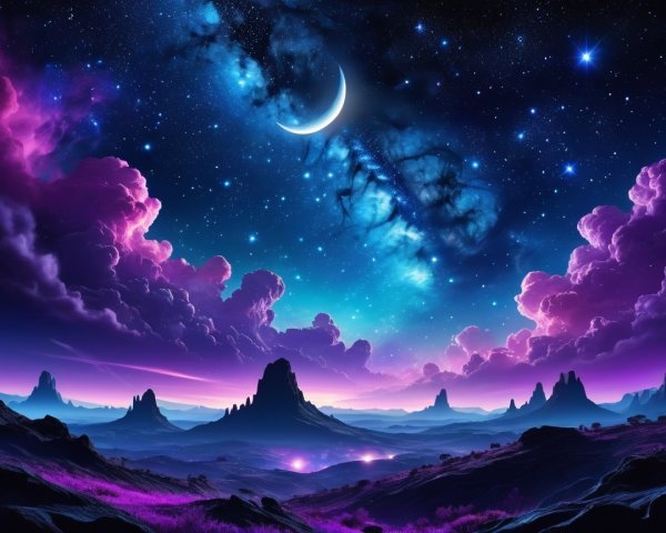 Vibrant Cosmic Landscape with Stars and Moon