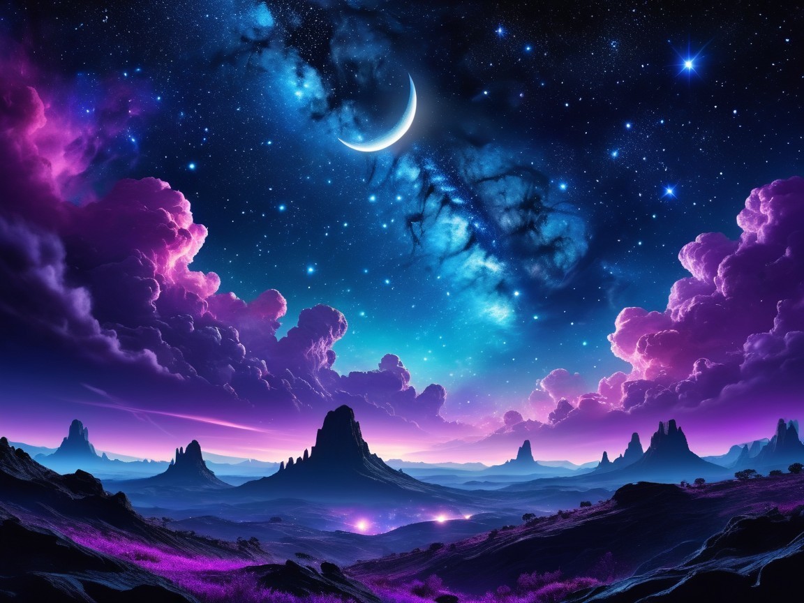 Vibrant Cosmic Landscape with Stars and Moon