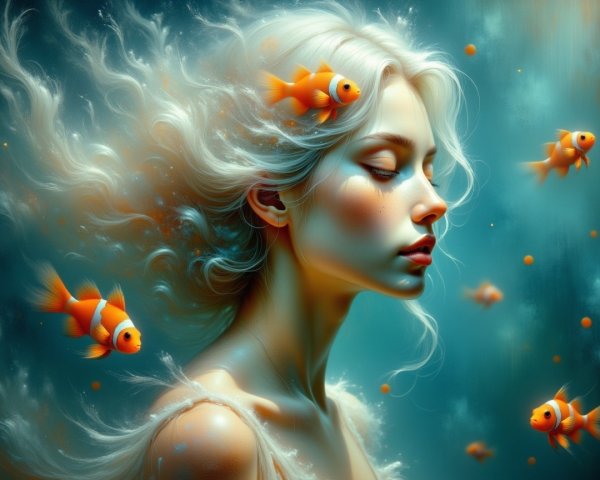 Serene Underwater Scene with Woman and Goldfish