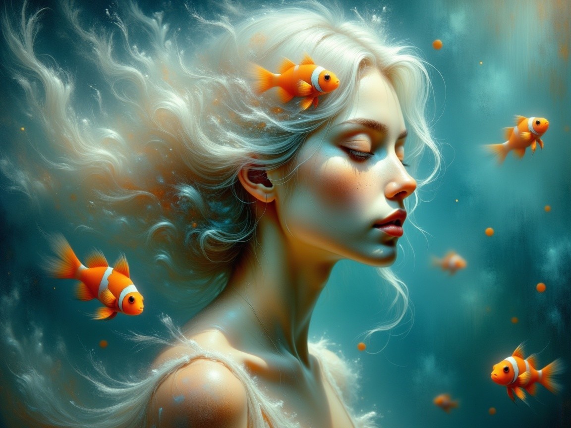 Serene Underwater Scene with Woman and Goldfish