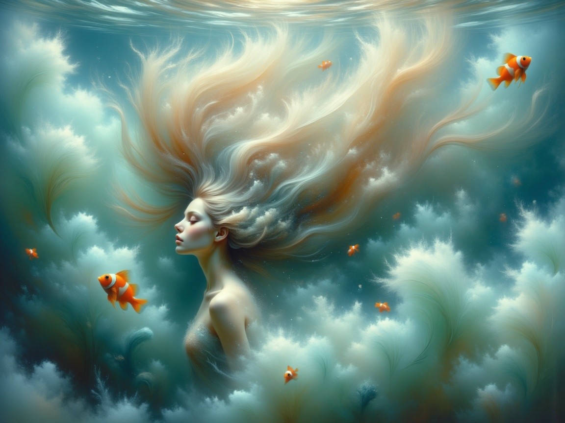 Underwater Scene with Woman and Goldfish in Currents