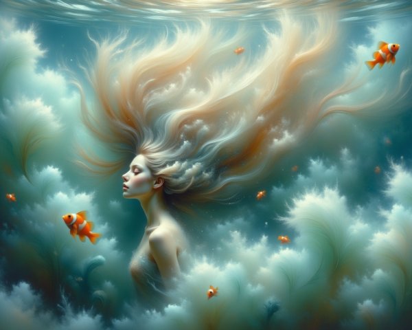 Underwater Scene with Woman and Goldfish in Currents