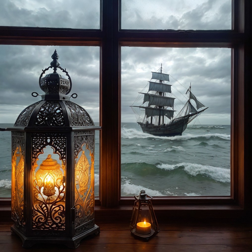 Cozy Interior with Dramatic View of Tall Ship at Sea