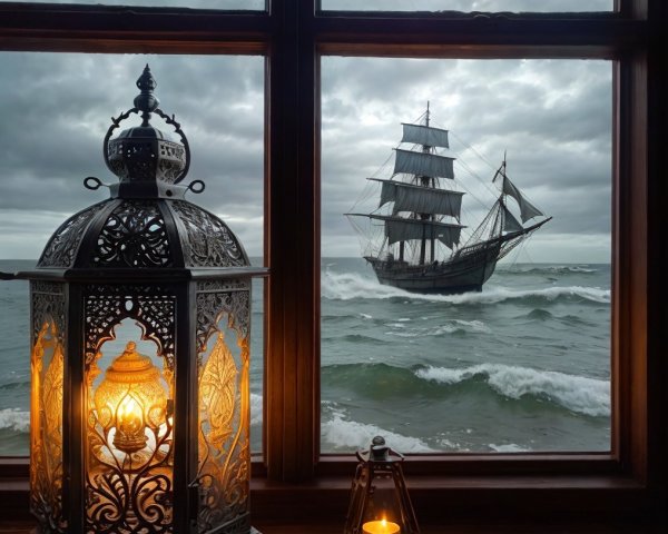 Cozy Interior with Dramatic View of Tall Ship at Sea