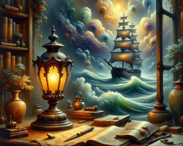 Wooden Desk with Books and Lantern by Seascape Scene