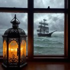 Cozy Interior with Dramatic View of Tall Ship at Sea