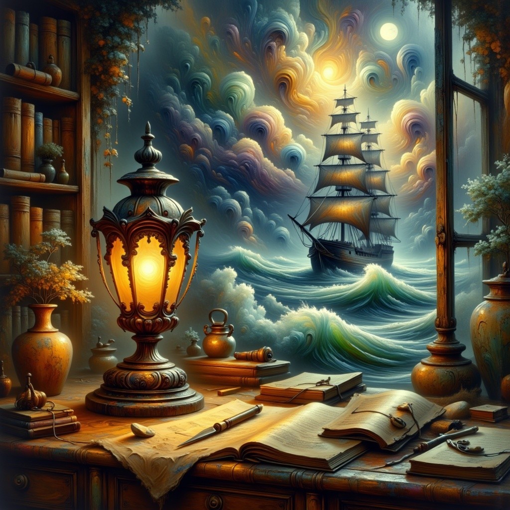 Wooden Desk with Books and Lantern by Seascape Scene