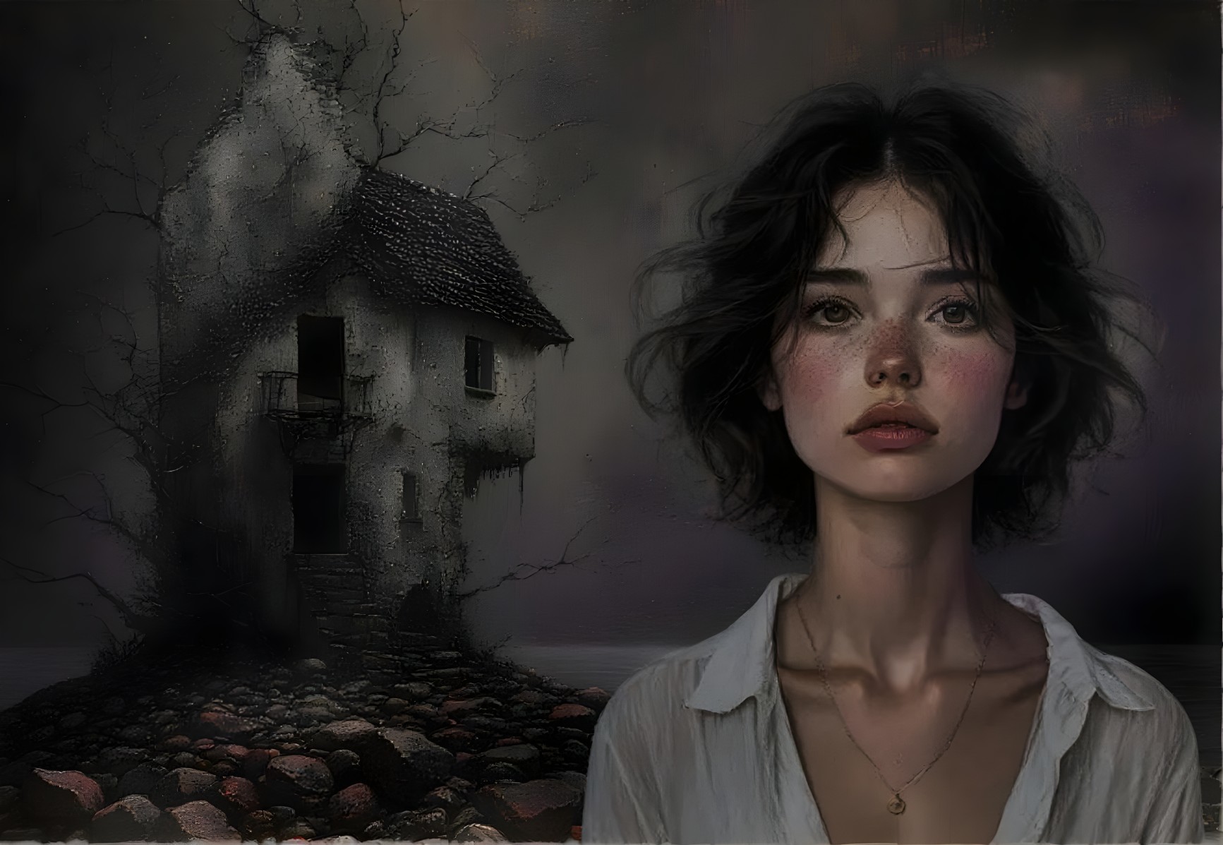 Atmospheric Scene of a Young Woman and a Dilapidated House