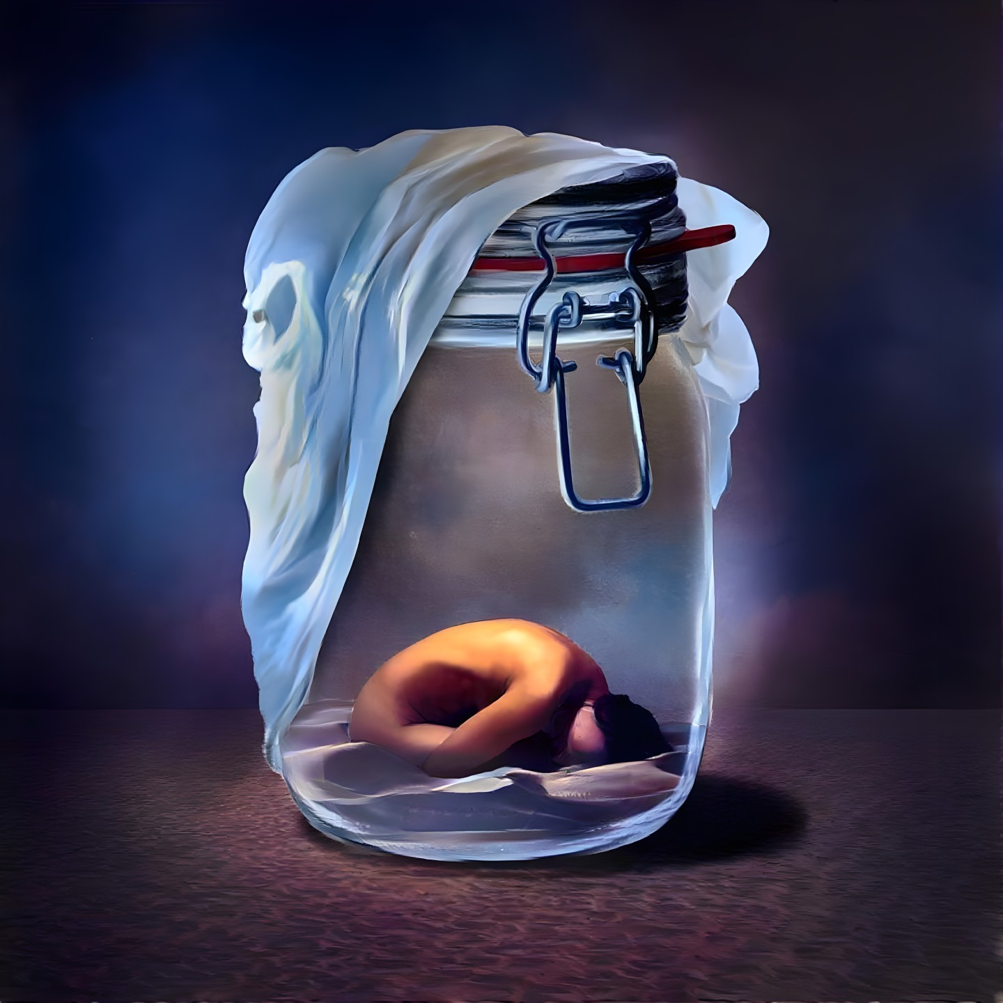 Surreal Scene of a Person in a Glass Jar