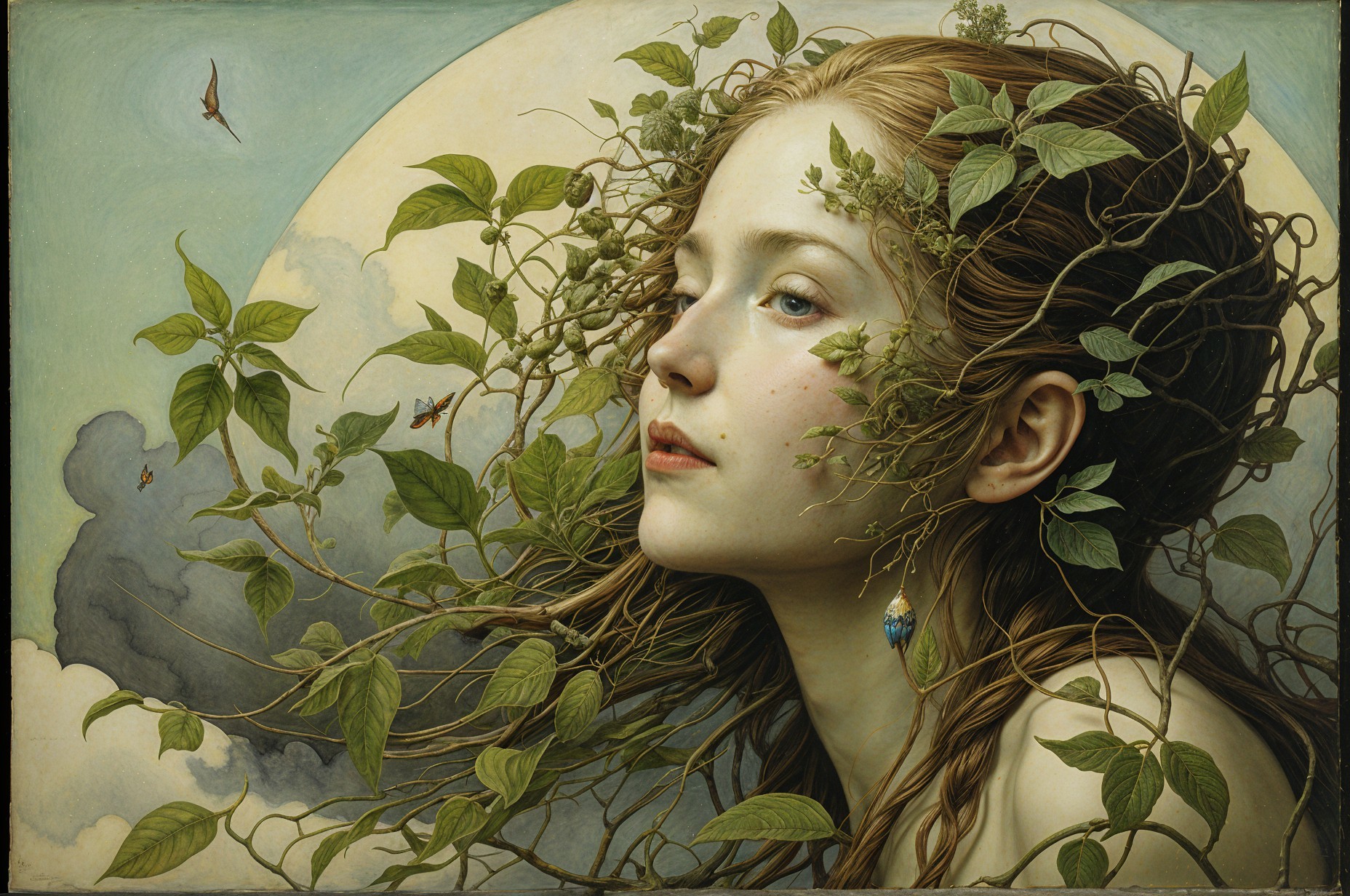 Serene Young Woman with Hair, Vines, and Moonlight