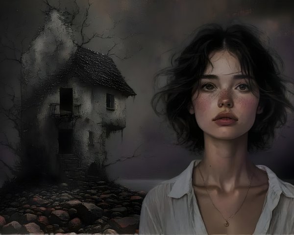 Atmospheric Scene of a Young Woman and a Dilapidated House