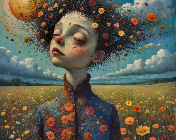 Surreal Portrait of a Girl in a Flower Field