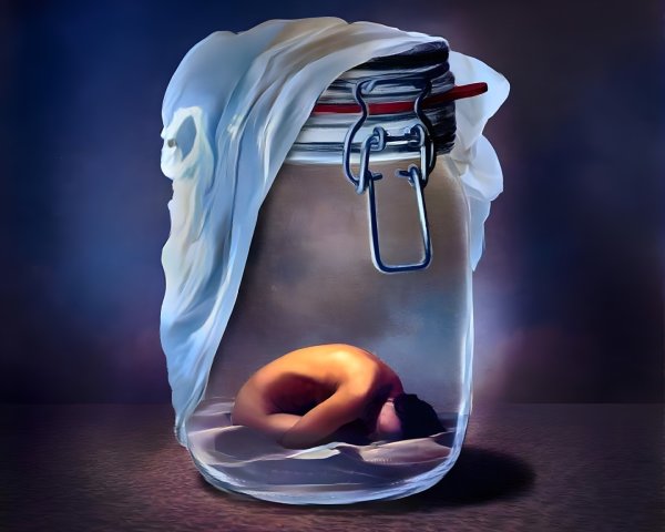 Surreal Scene of a Person in a Glass Jar