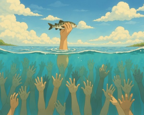 Hand Holding Fish Above Water with Reaching Hands Below