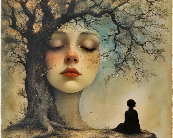 Surreal Artwork of Face in Tree with Autumn Leaves