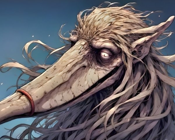 Fantastical Creature with Beak Nose and Flowing Hair