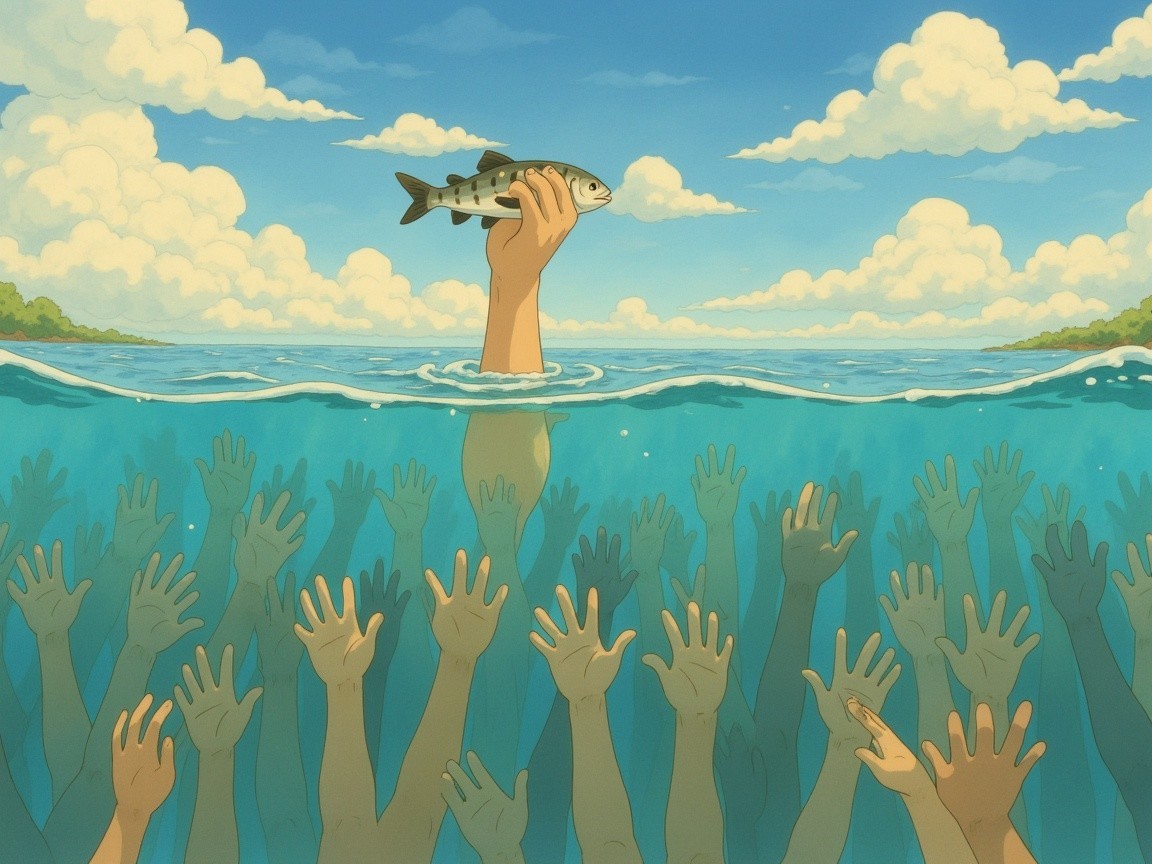 Hand Holding Fish Above Water with Reaching Hands Below