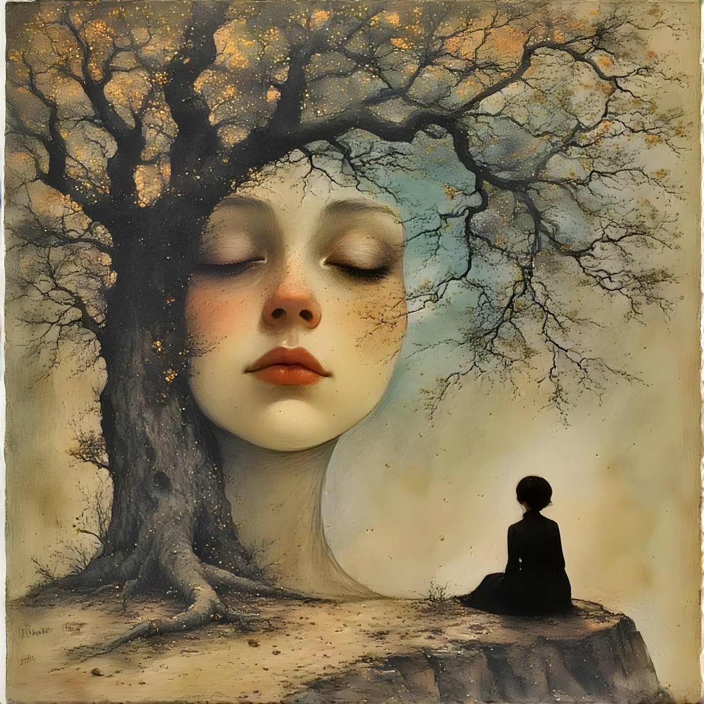 Surreal Artwork of Face in Tree with Autumn Leaves