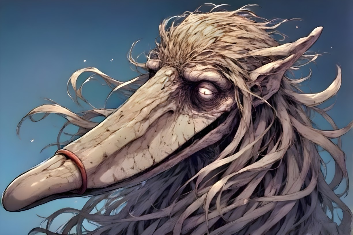 Fantastical Creature with Beak Nose and Flowing Hair