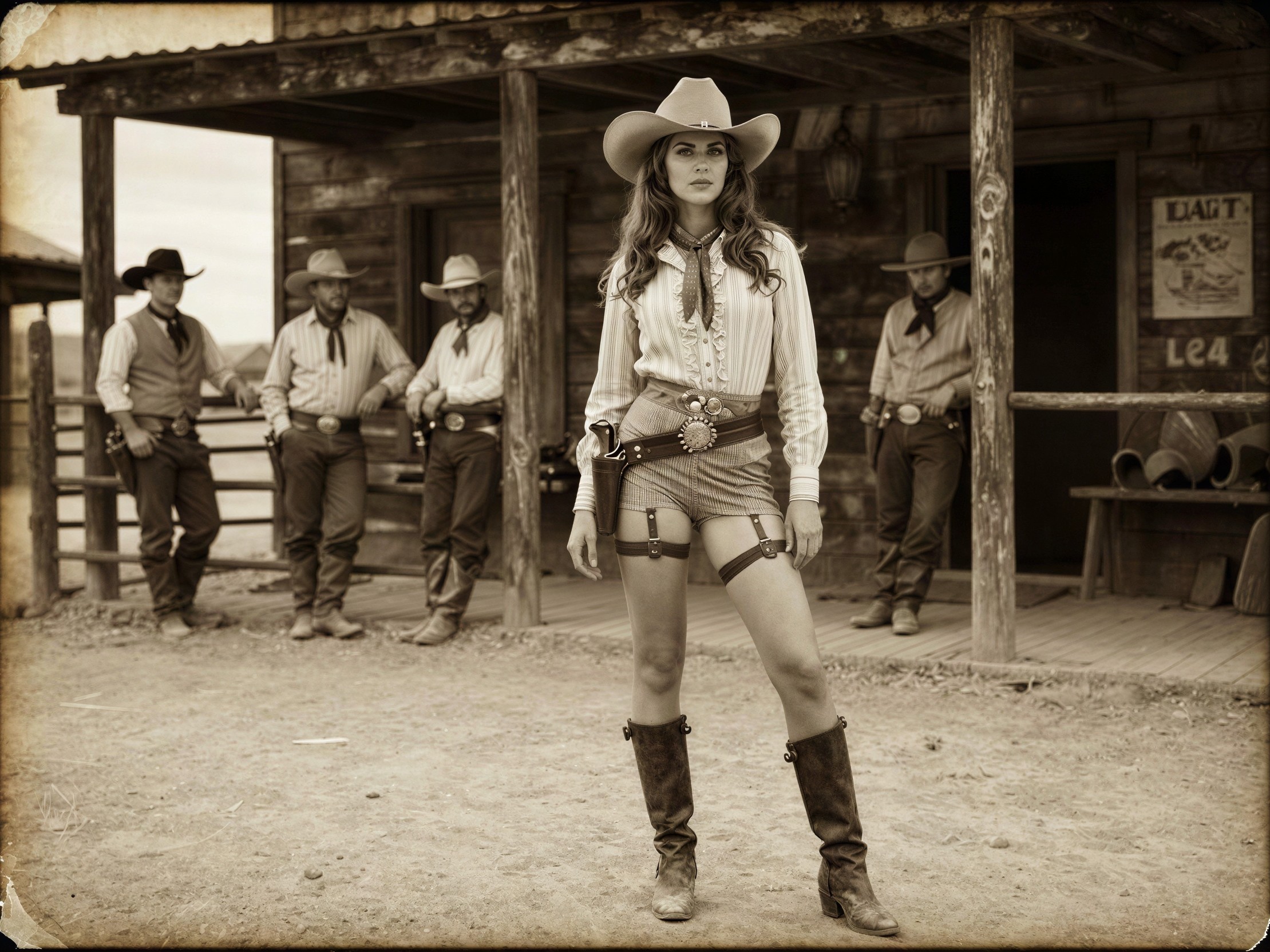Sepia-toned portrait of a confident female cowboy