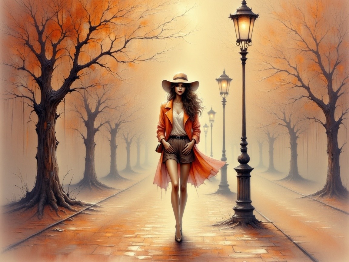 Stylish Woman in Orange Coat on Foggy Autumn Street