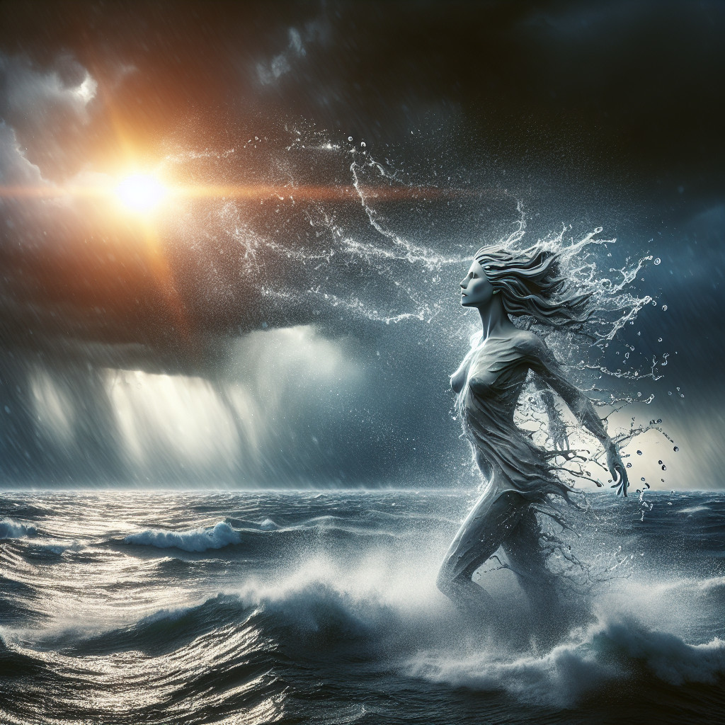Water Woman Emerges from Ocean Waves at Sunset