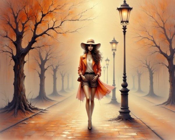 Stylish Woman in Orange Coat on Foggy Autumn Street