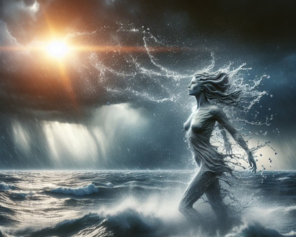 Water Woman Emerges from Ocean Waves at Sunset