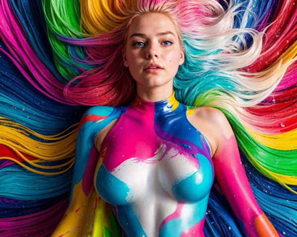 Surreal Body Art Against Colorful Flowing Background