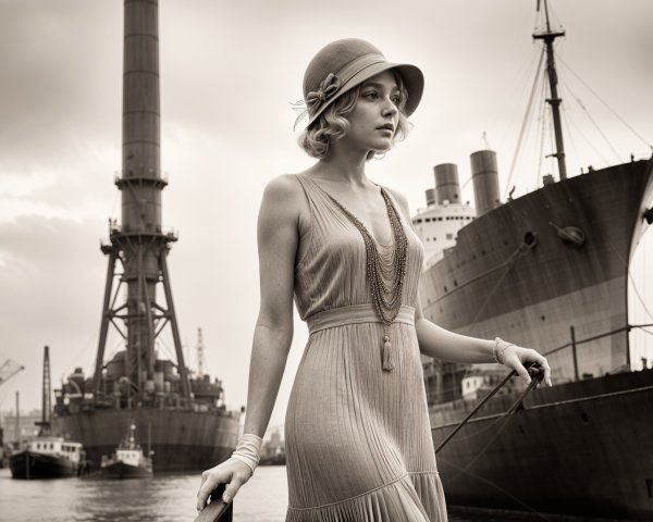 Vintage 1920s Fashion at a Bustling Port Scene