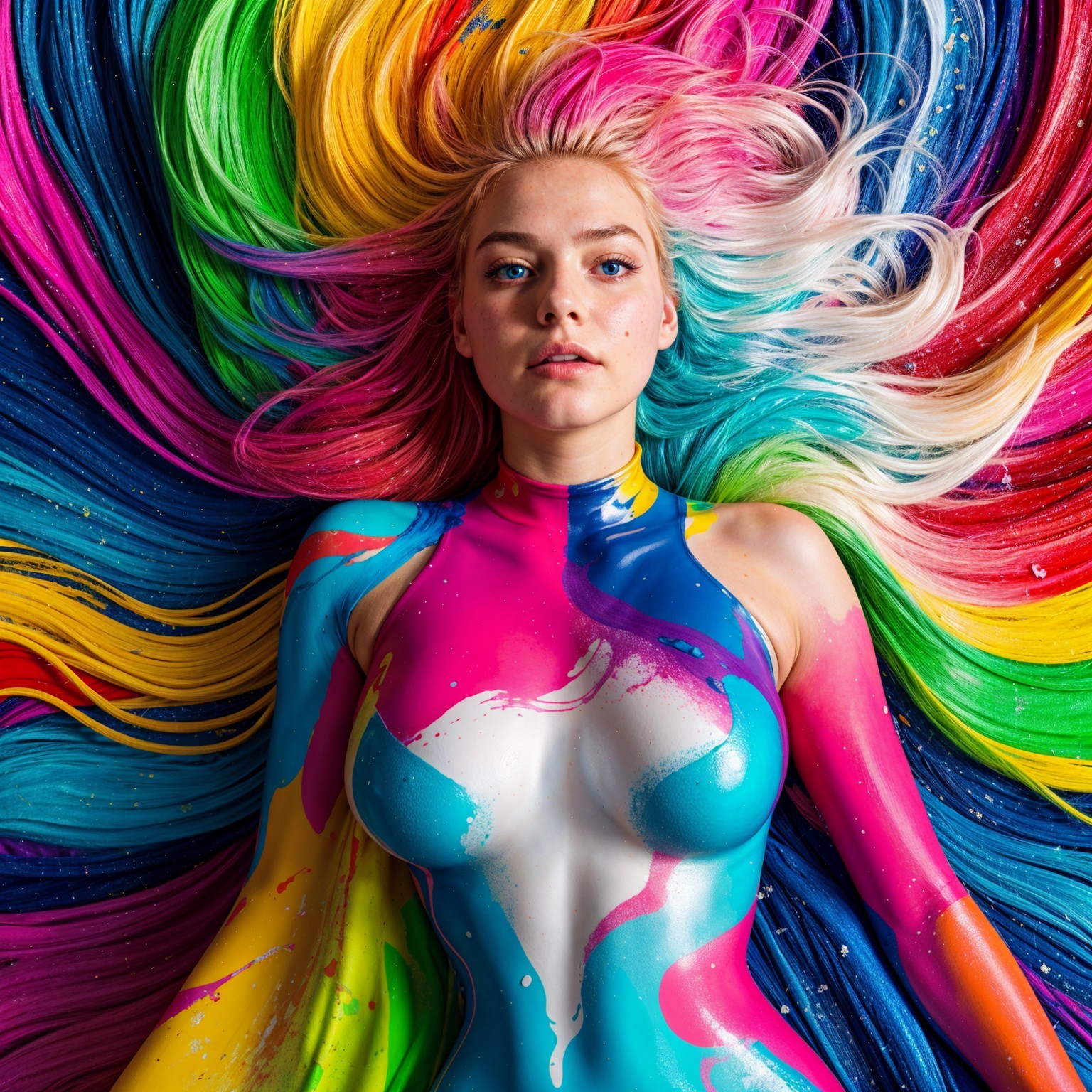 Surreal Body Art Against Colorful Flowing Background