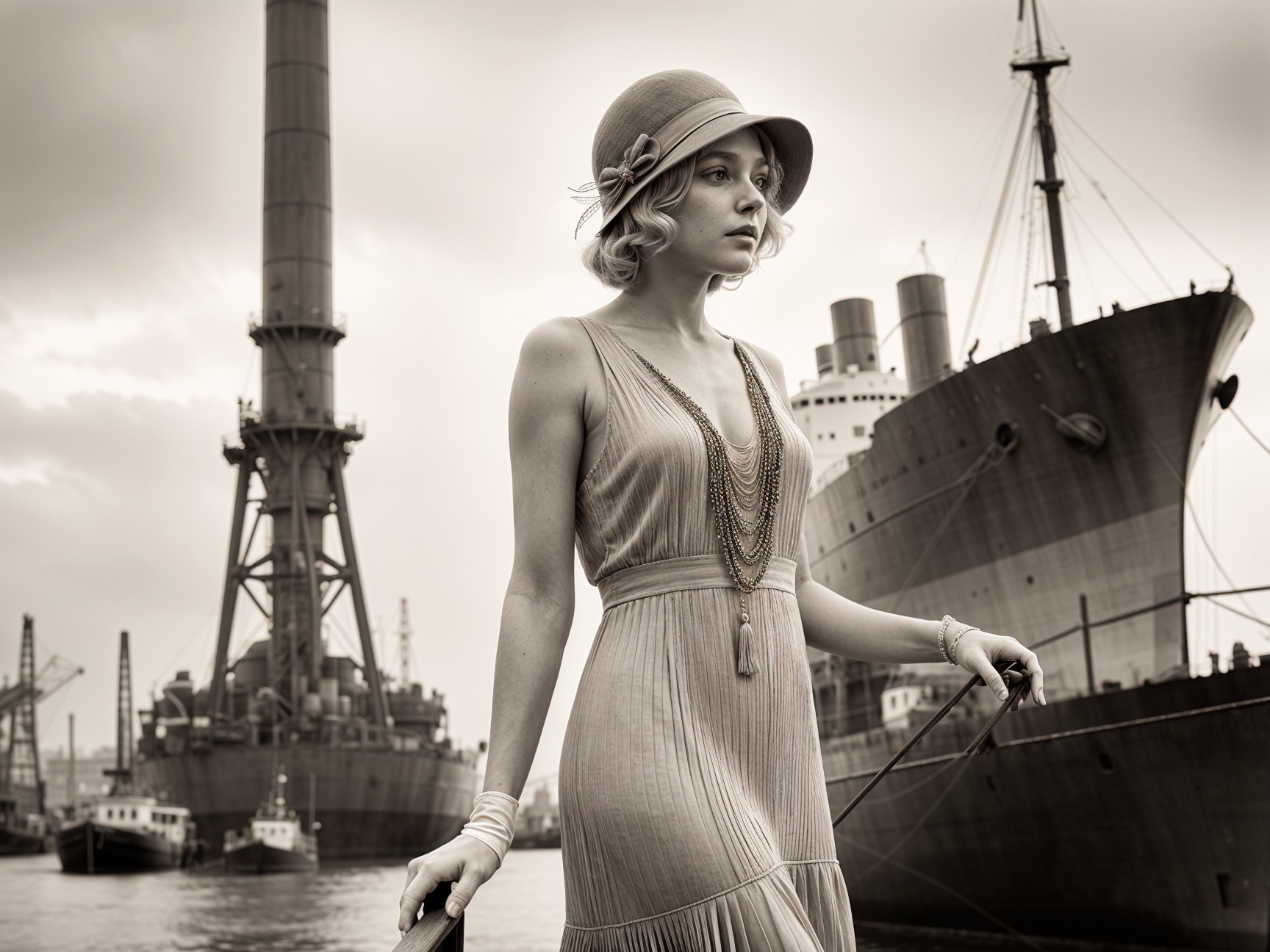 Vintage 1920s Fashion at a Bustling Port Scene