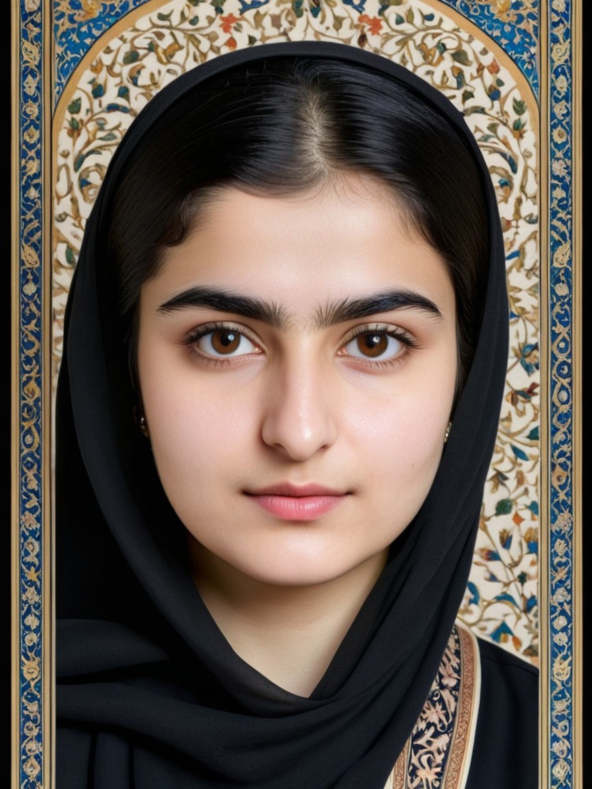 Young Woman in Black Hijab with Intricate Background