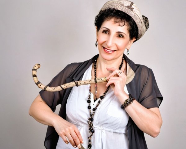 Cheerful Woman in Stylish Outfit and Decorative Cane