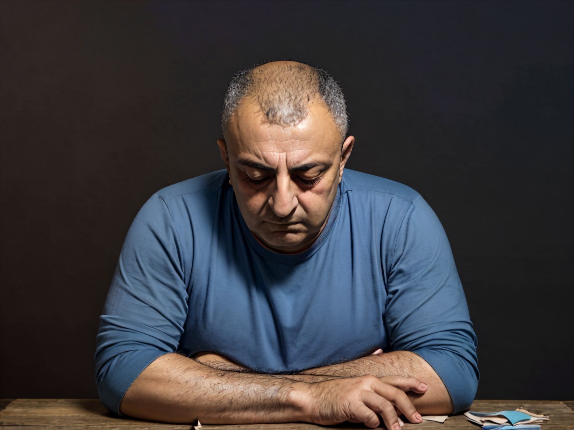 Middle-aged man in contemplative mood at wooden table