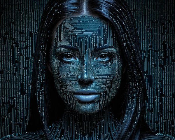 Portrait of a Woman with Digital Circuit Overlay
