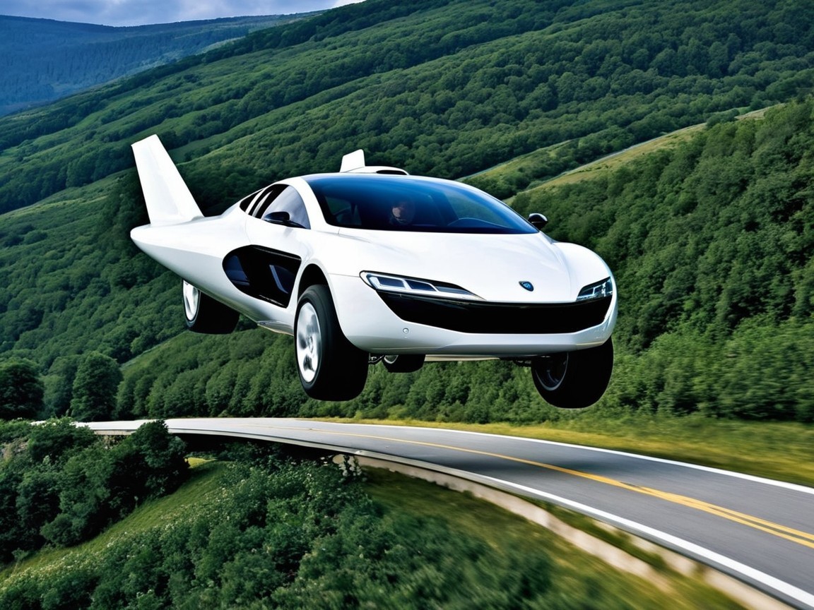 Futuristic Flying Car Over Winding Road and Hills