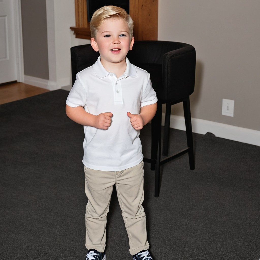 Cheerful Boy in Polo Shirt and Beige Pants Indoors